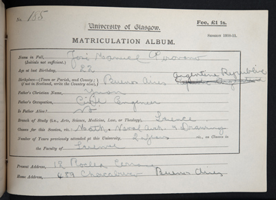 University of Glasgow, matriculation, José Manuel Pirovano, 1910