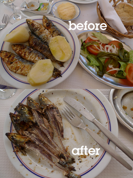 Portugal, sardinhas assadas, grelhadas, before, after, antes, depois