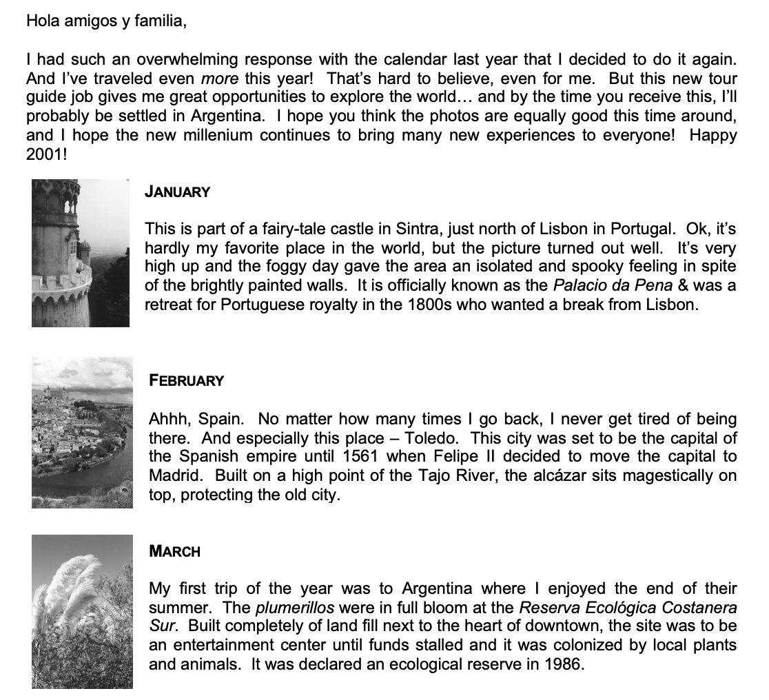 2001 calendar text